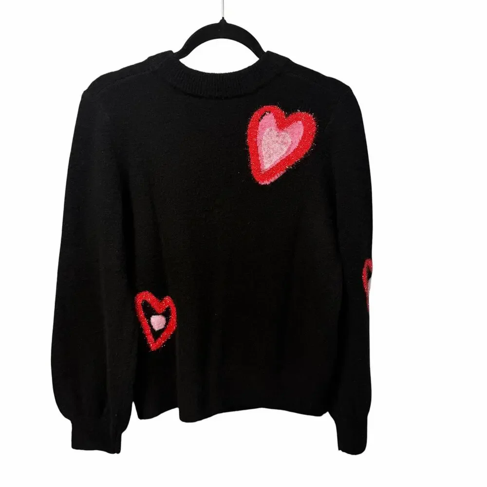 Kate Spade Overlapping Hearts Sweater Wool Blend Black Red Pink Womens XL